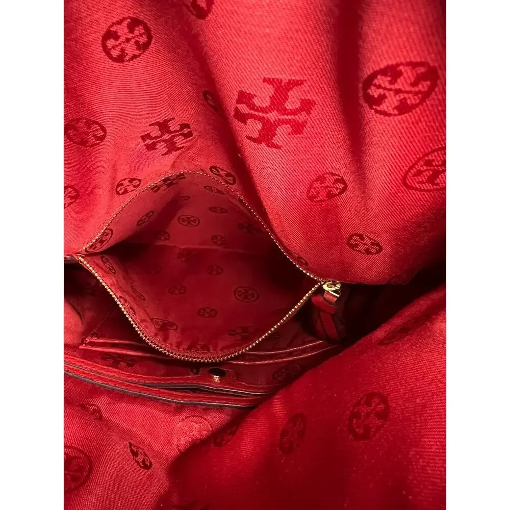 Tory Burch Pebbled Leather Foldover Crossbody Red Coral Tassel Shoulder Purse